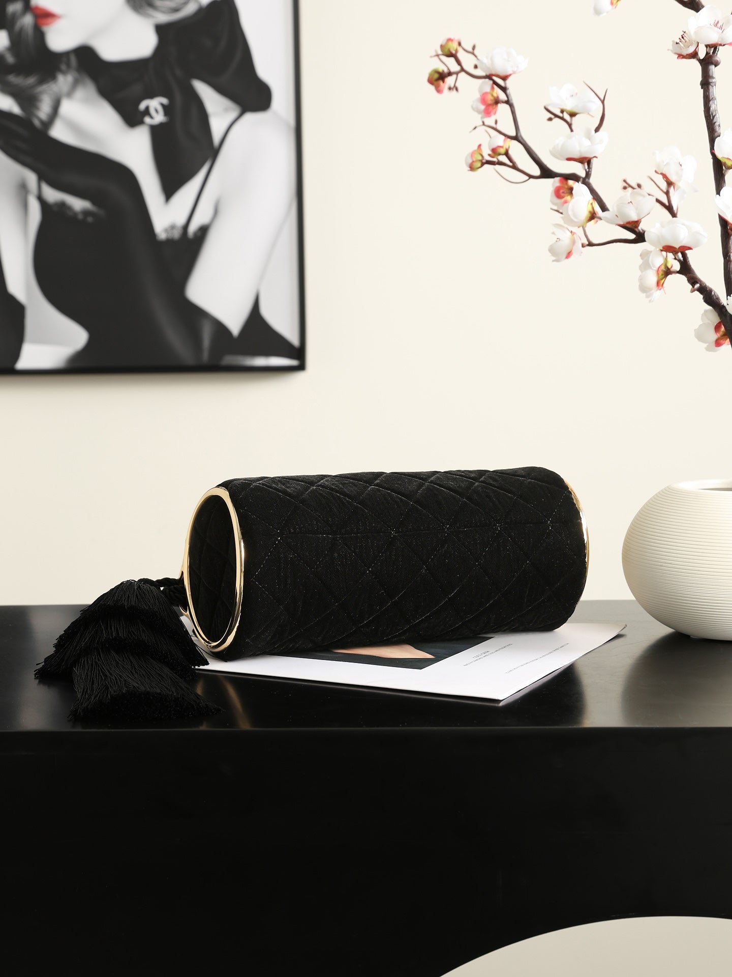 Chanel 2026 Tassel Cylindrical Bag 23.5cm Black Velvet
