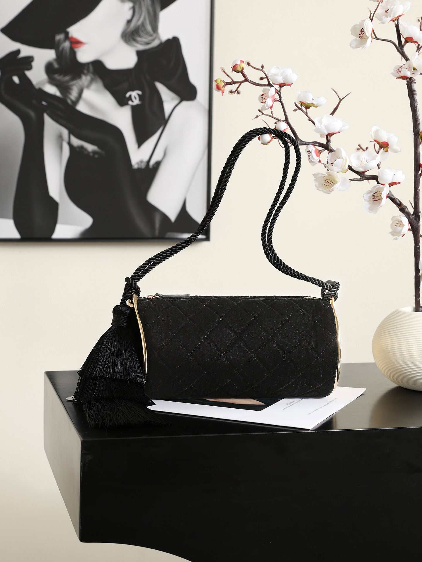 Chanel 2026 Tassel Cylindrical Bag 23.5cm Black Velvet