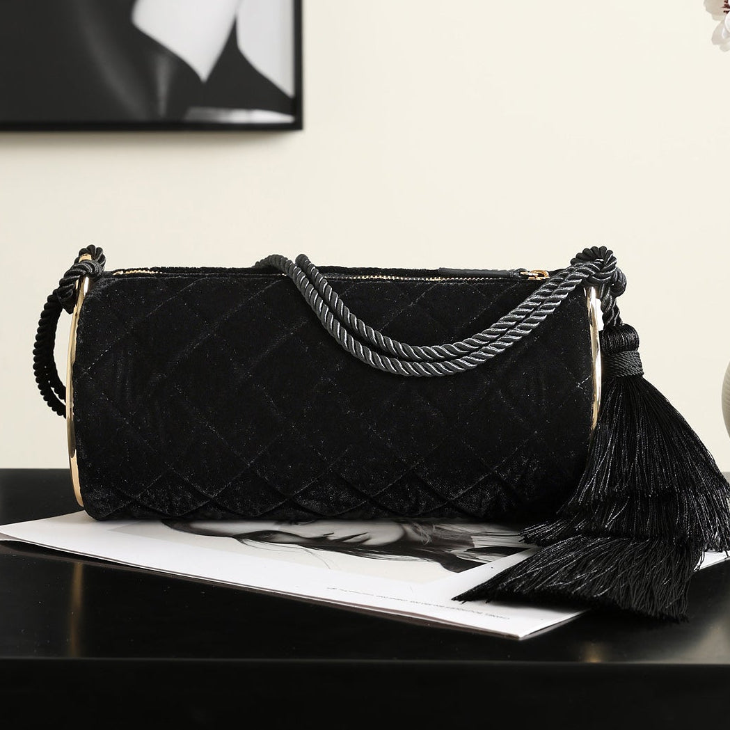 Chanel 2026 Tassel Cylindrical Bag 23.5cm Black Velvet