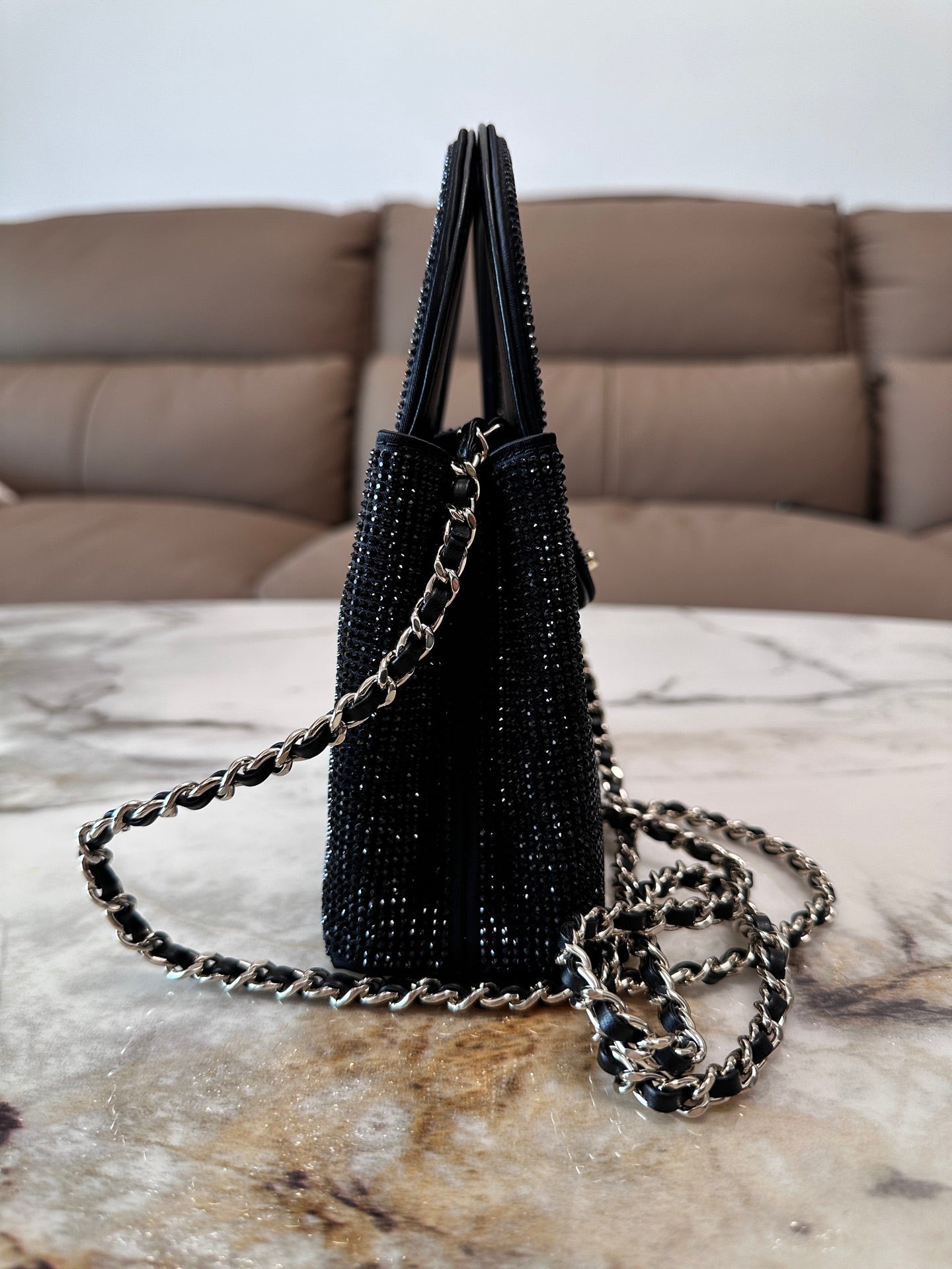 Chanel 2026 Bag 19cm Black And Silver Rhinestones Leather