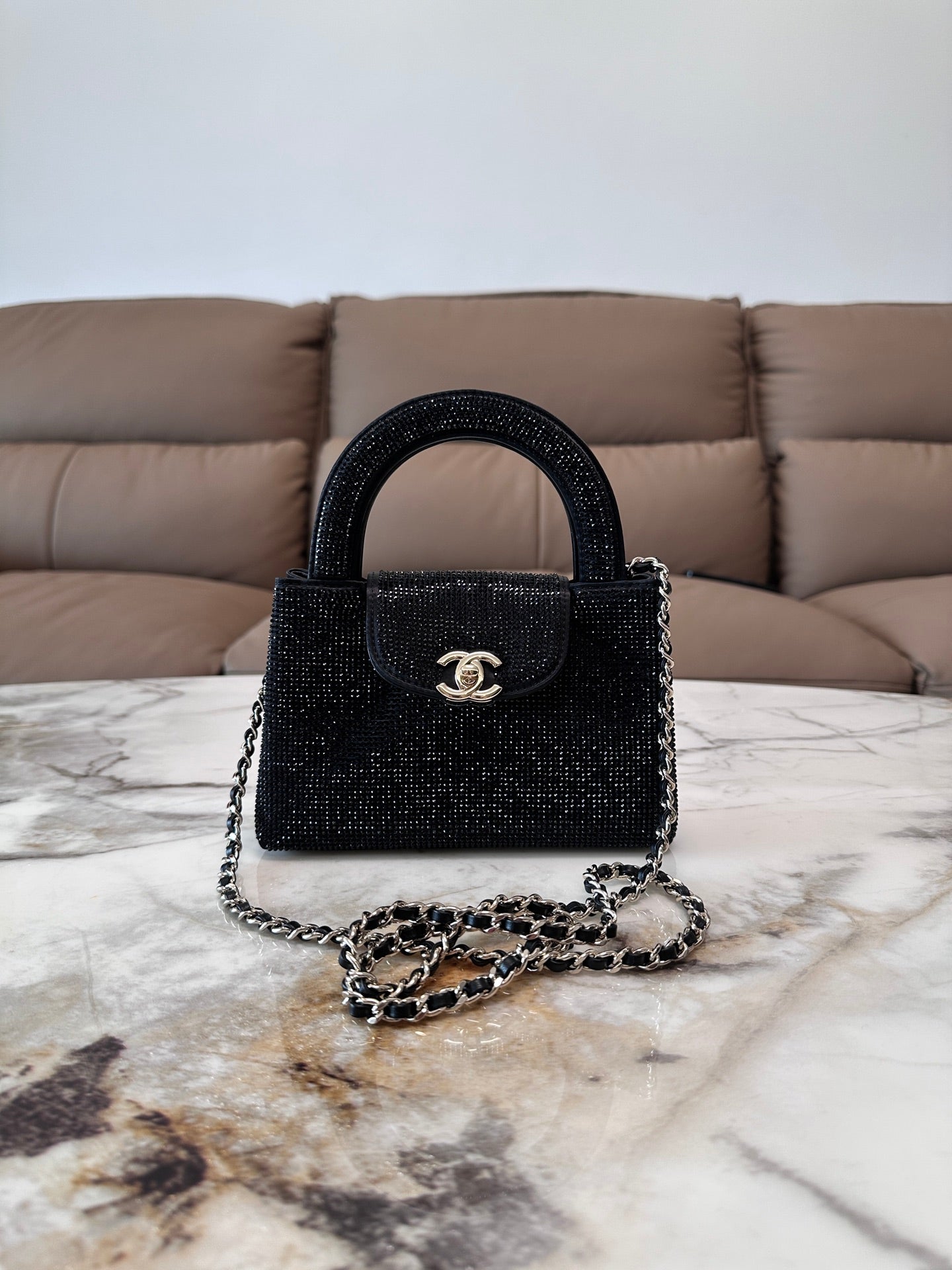 Chanel 2026 Bag 19cm Black And Silver Rhinestones Leather