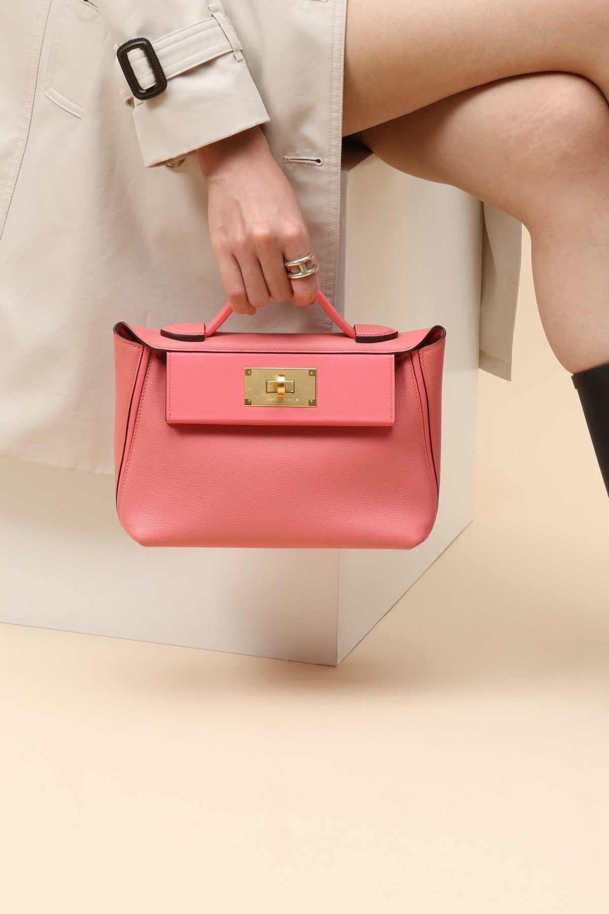 High-end Hermes 2026 24/24 Bag 21cm Lipstick Pink Evercolor/Swift Calfskin