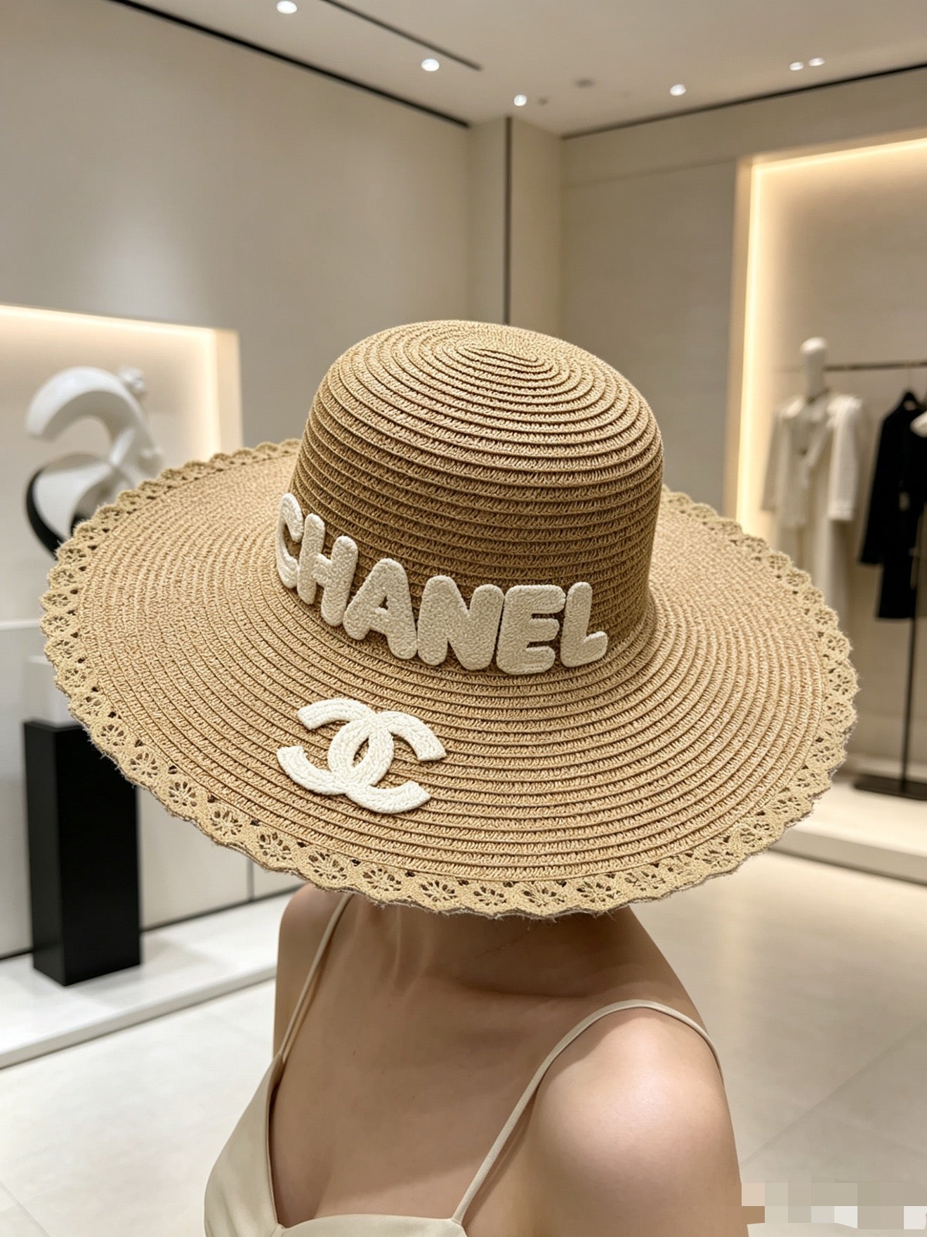 Chanel Round Top Straw Hat with Wide Brim 280798
