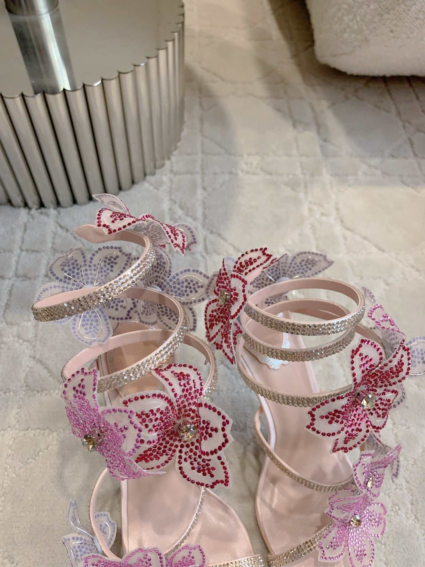RC Flower Sandals Pink Sheepskin Rhinestones 328465
