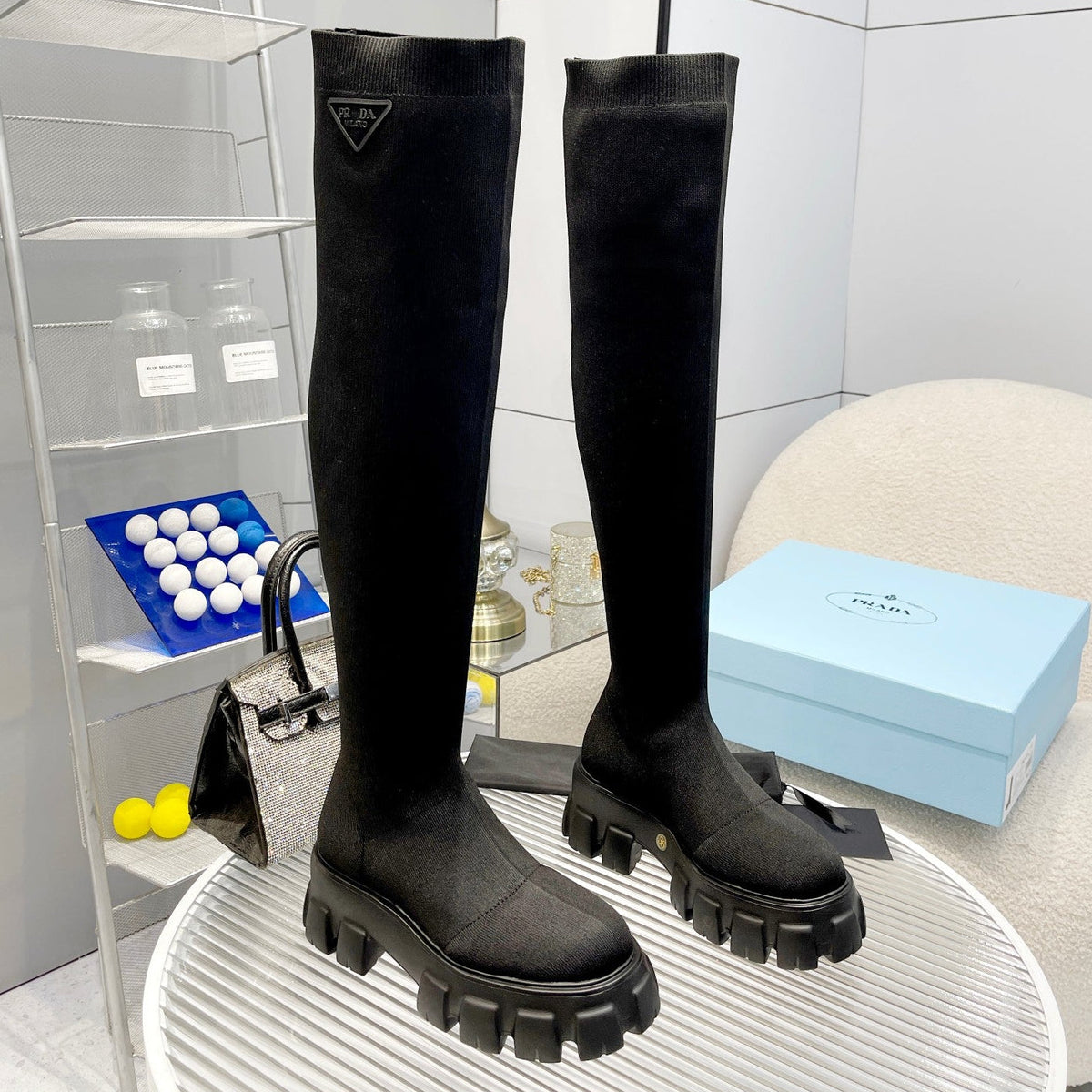 Prada 2026 Monolith Sock Boots 55mm Black Fabric 148340