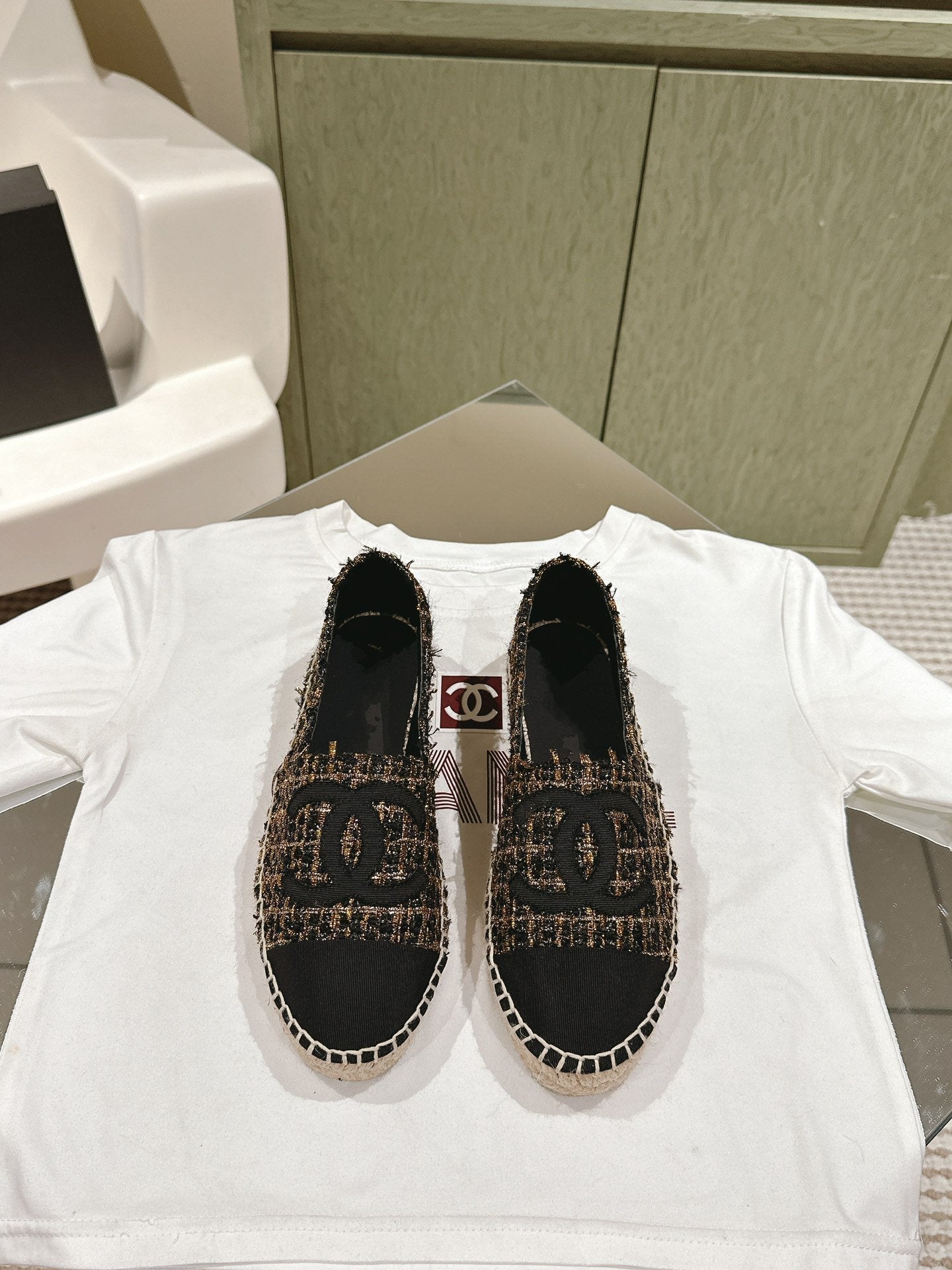 espadrilees black gold tweed canvas