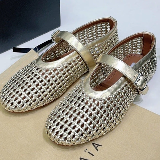 Alaia 25 Marry Janes Ballet Flats Gold Wool Sheepskin 300456