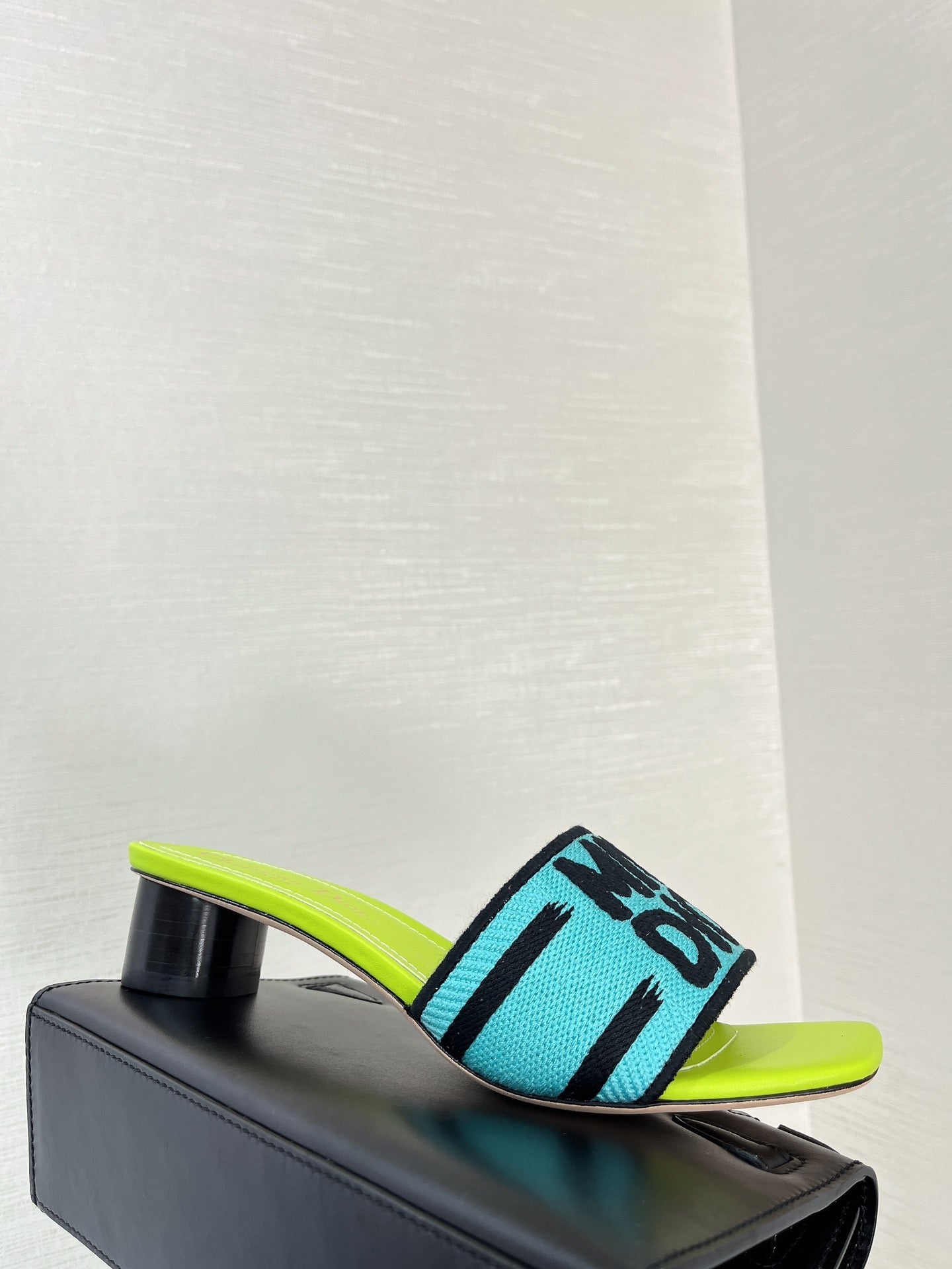 dway heeled slide 35 blue lime embroidered cotton