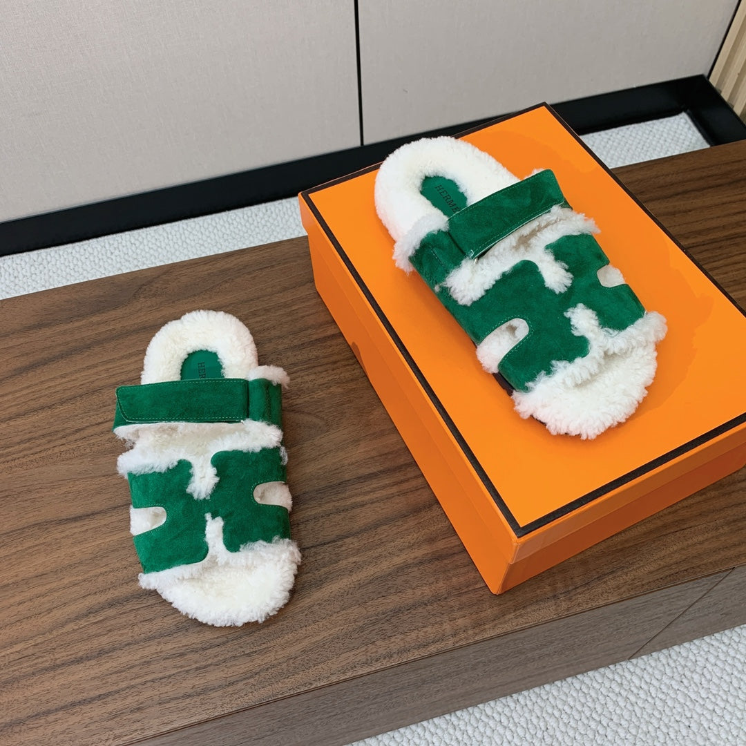 HM Chypre Sandal In Dark Green Mix White Fleece And Suede 984195