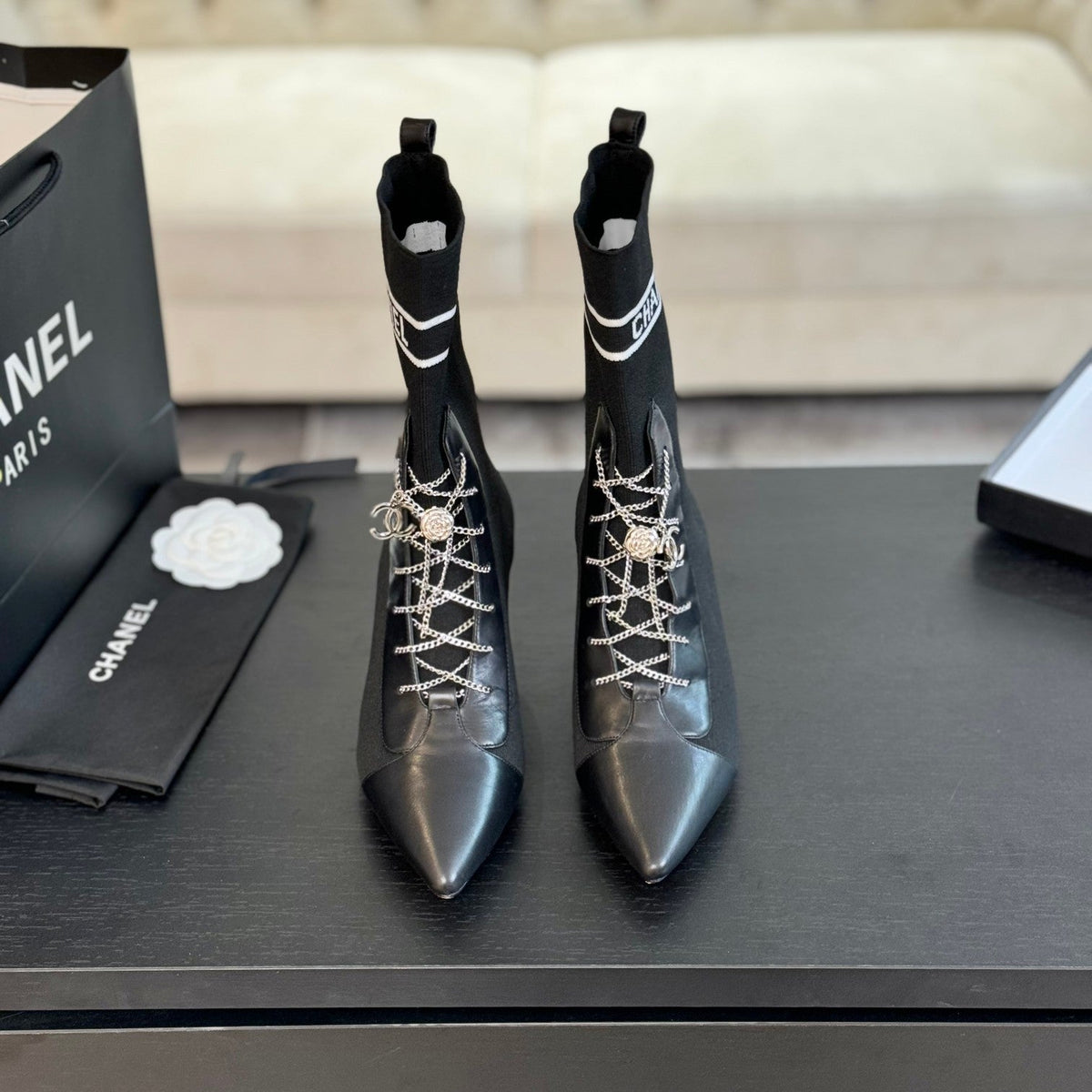 CC Ankle Boots Black Chain Wool And Lambskin