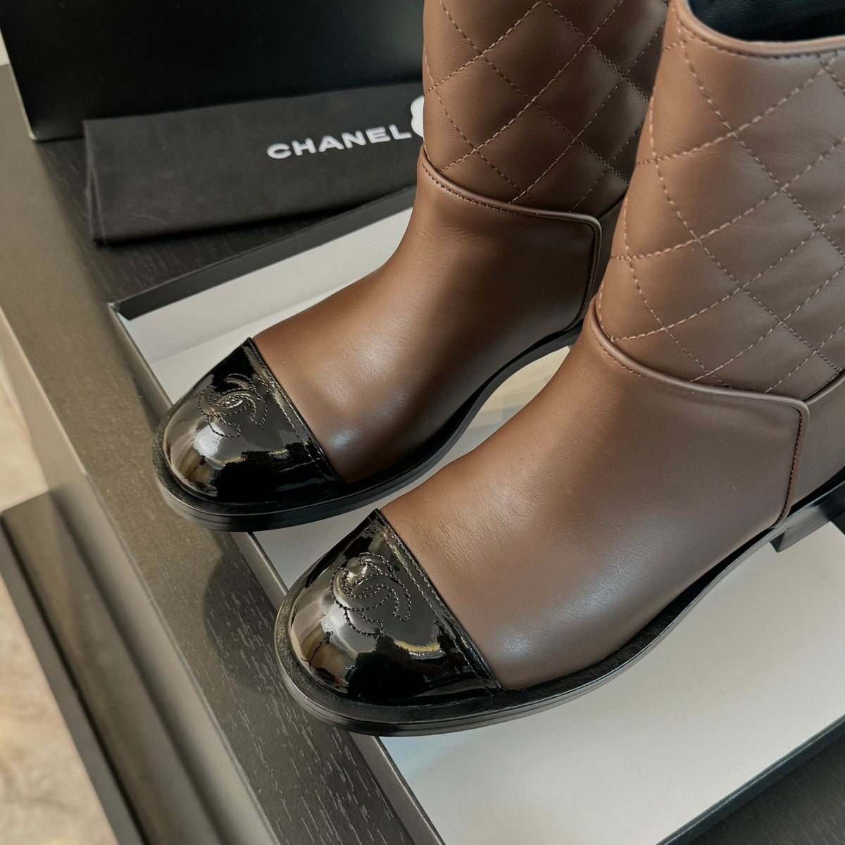 CC Ankle Boots 30mm Earth Brown Calfskin Quilted
