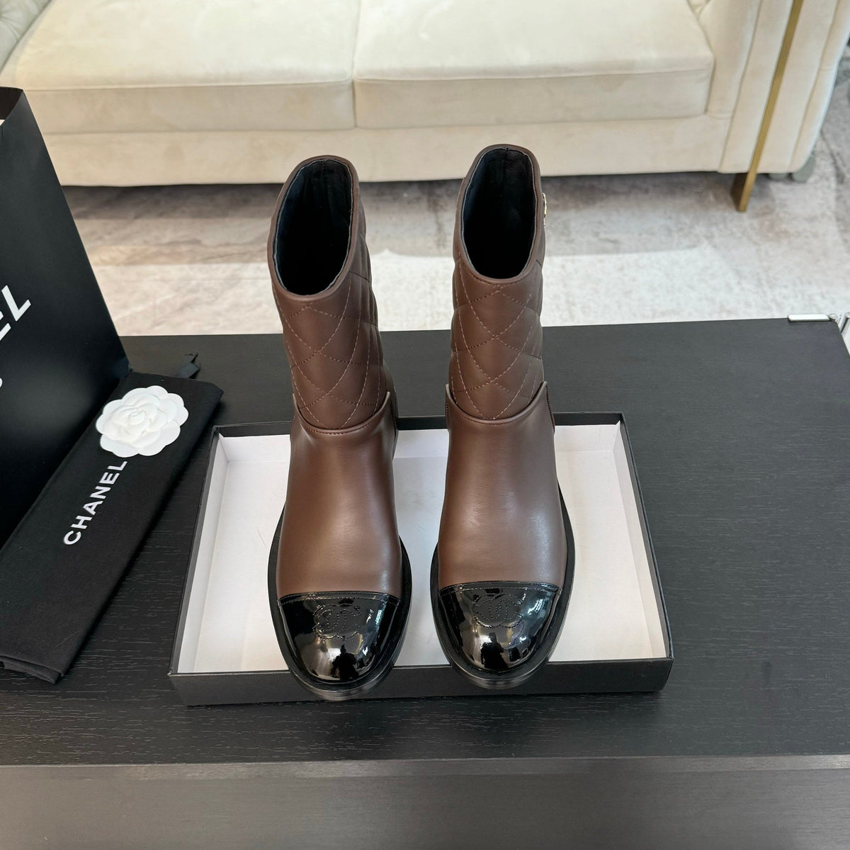 CC Ankle Boots 30mm Earth Brown Calfskin Quilted