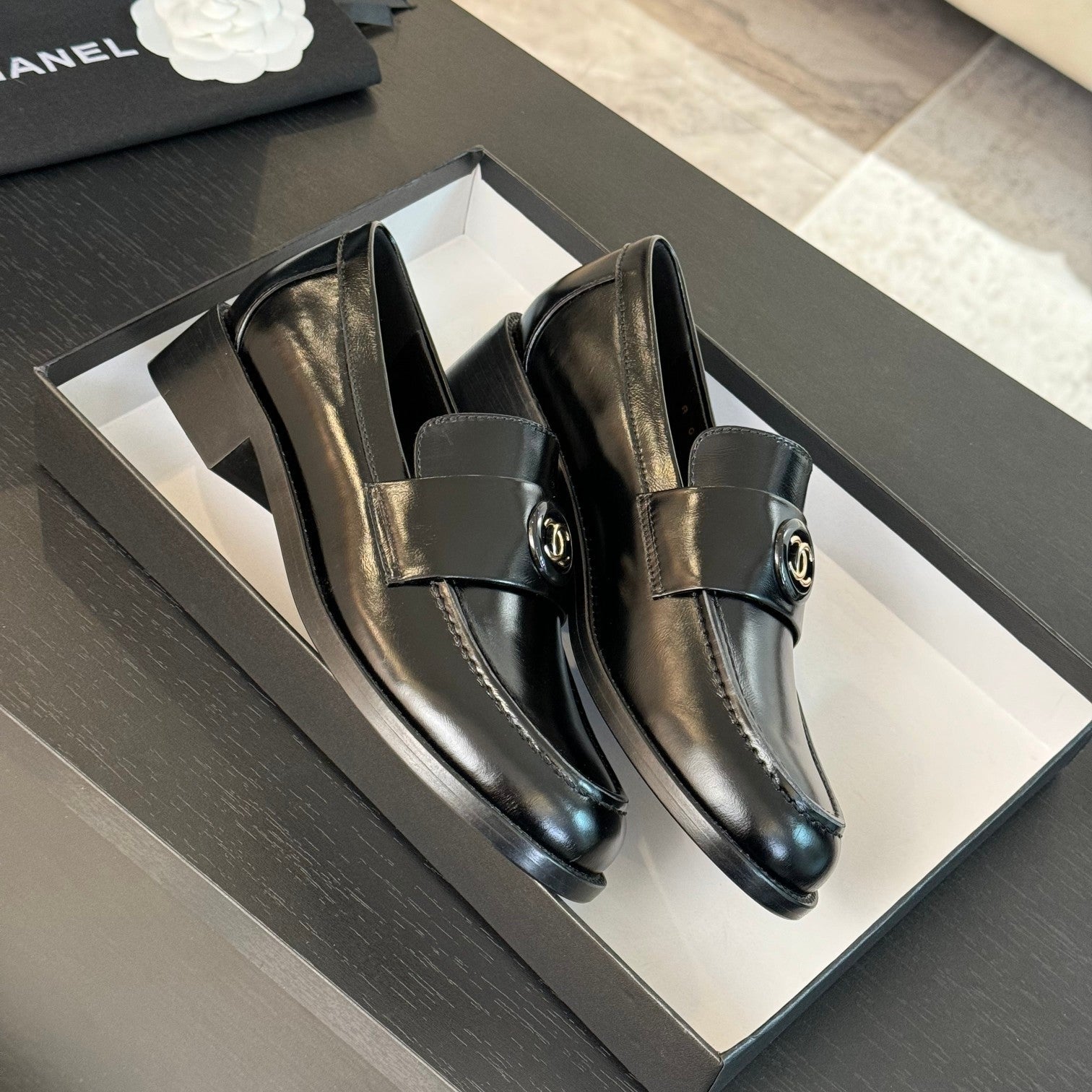 CC Moccasins Glossy Black Cowhide