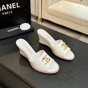 CC 2026 Wedge Sandals 65 Lambskin Gold Black Logo