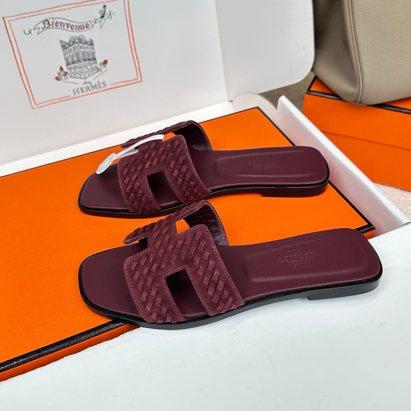 Hermes 2026 Oran Sandal Burgundy Velvet Leather 598224