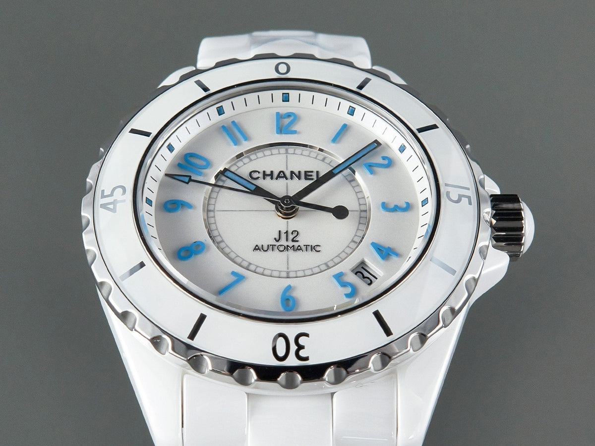J12 Date Automatic White Ceramic Blue Numerals White Dial