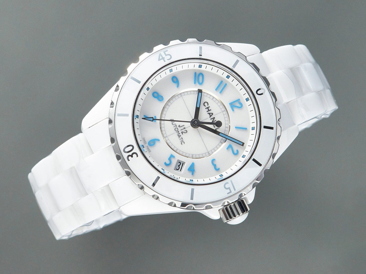 J12 Date Automatic White Ceramic Blue Numerals White Dial