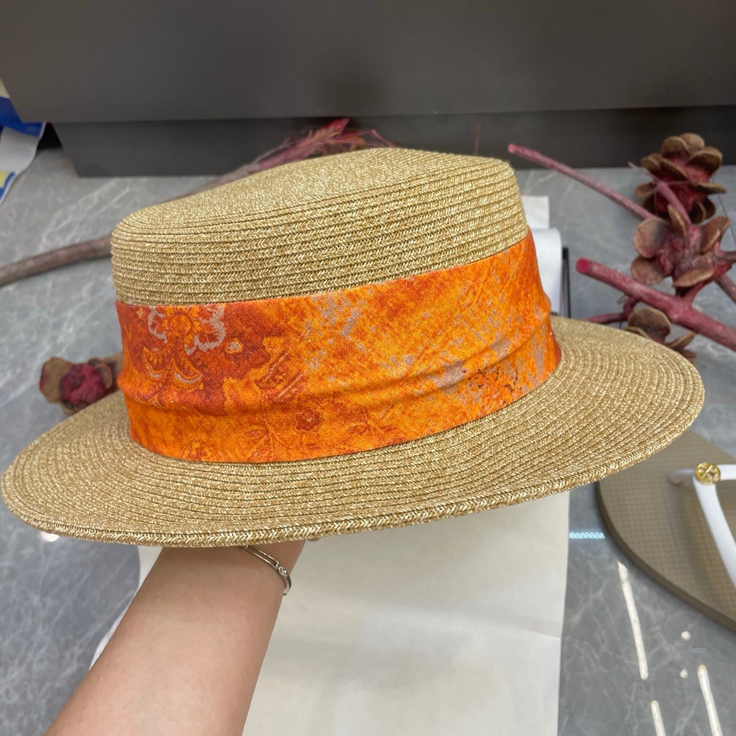 Loewe Floral Ribbon Band Straw Hat 216016