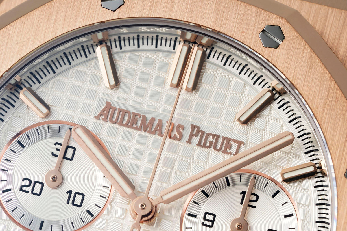 Audemars Piguet Royal Oak Chronograph 41mm Rose Gold White Dial Brown Leather