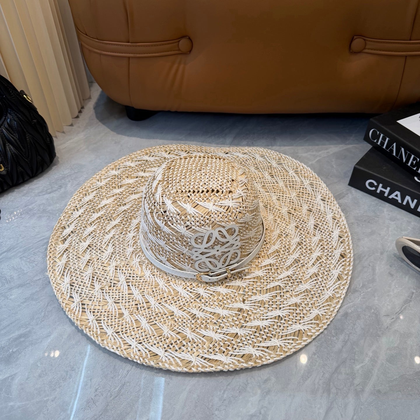 Loewe Straw Hat with Logo Raffia Woven 323669