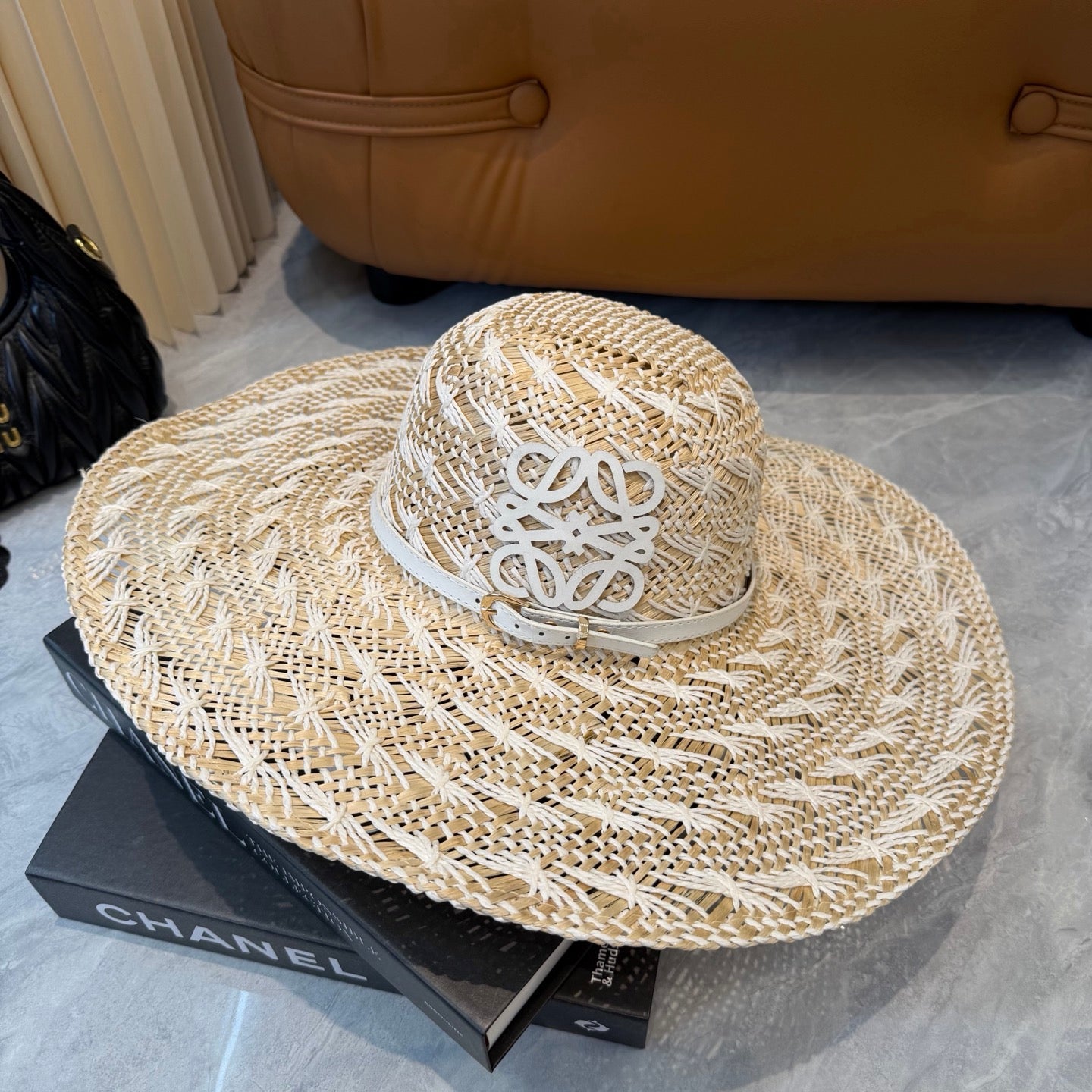 Loewe Straw Hat with Logo Raffia Woven 323669
