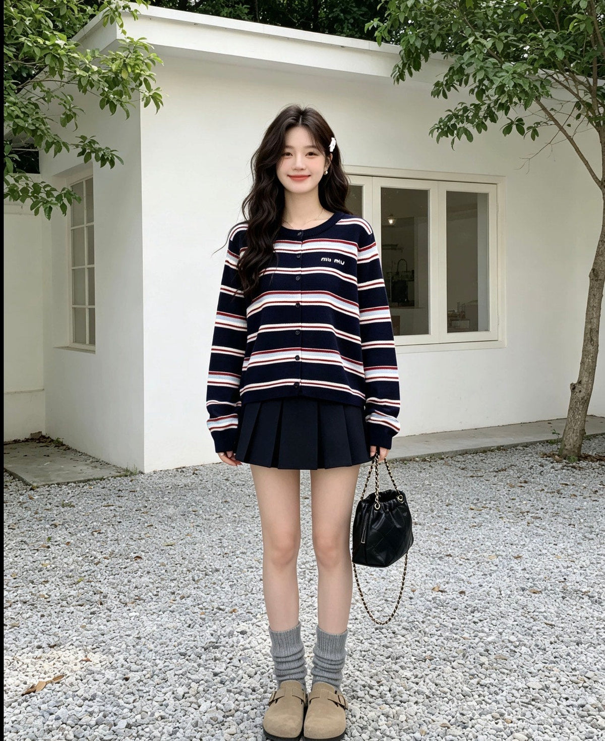 Miumiu 2026 Striped Cardigan Navy Blue Wool 431815