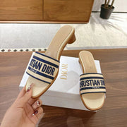 CD 26s Embroidered Sandals Beige Navy Blue Canvas Sheepskin 664321