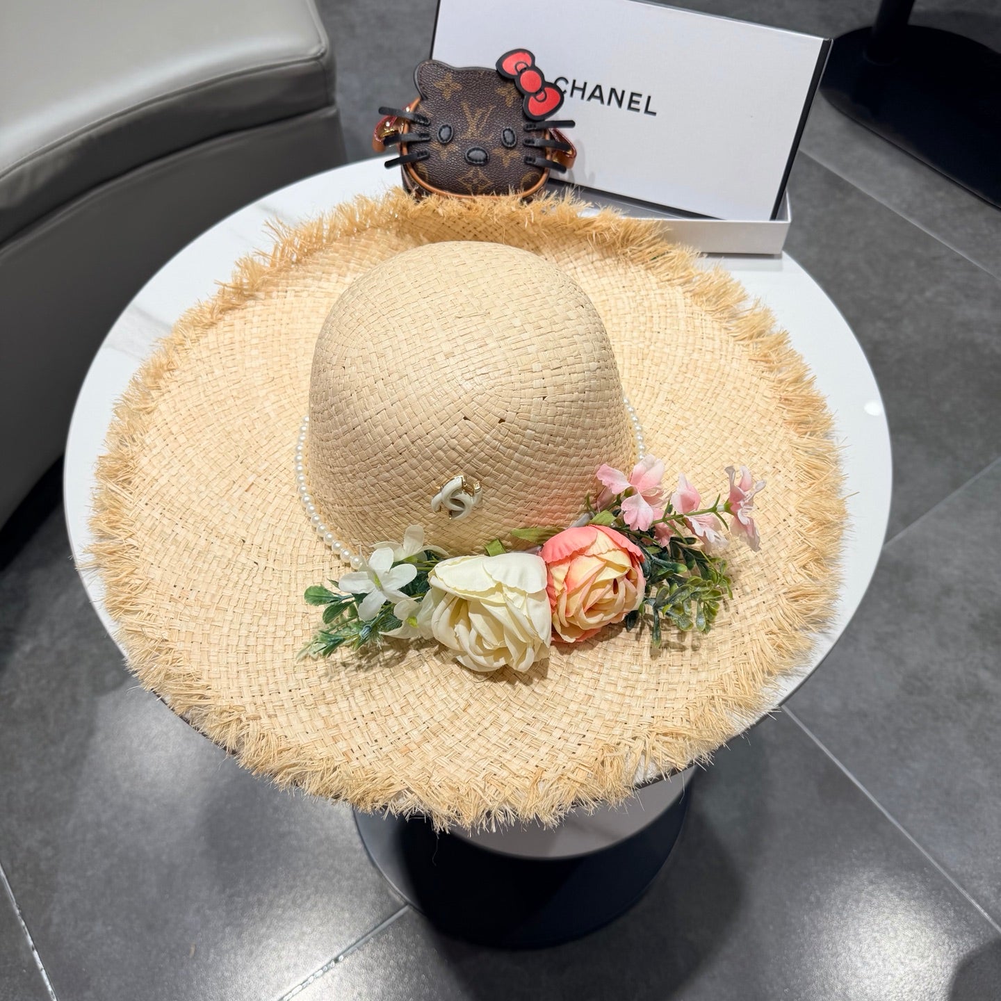 Chanel Flower Raffia Straw Wide-brimmed Hat 400708