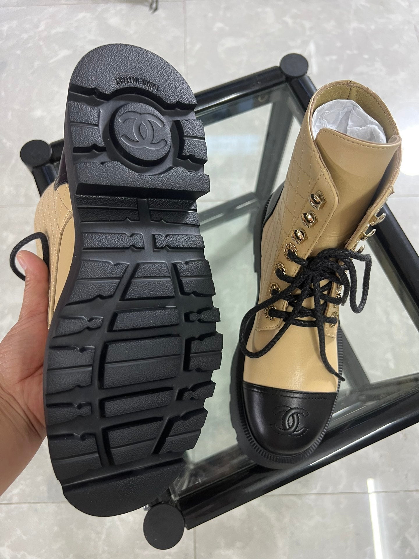 CC Combat Boots Dark Beige Black Quilted Lambskin 944575
