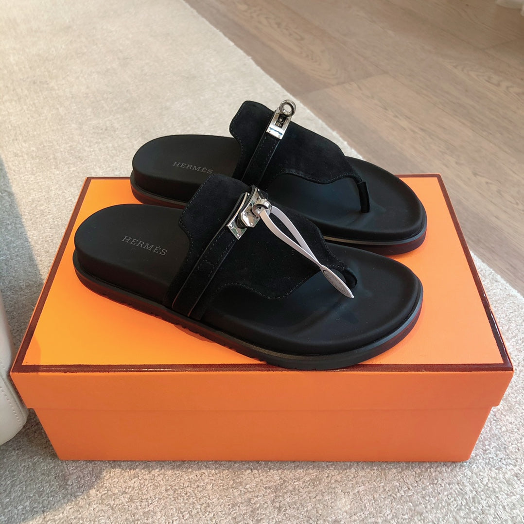 Empire Sandal Black Lambskin Suede Goatskin