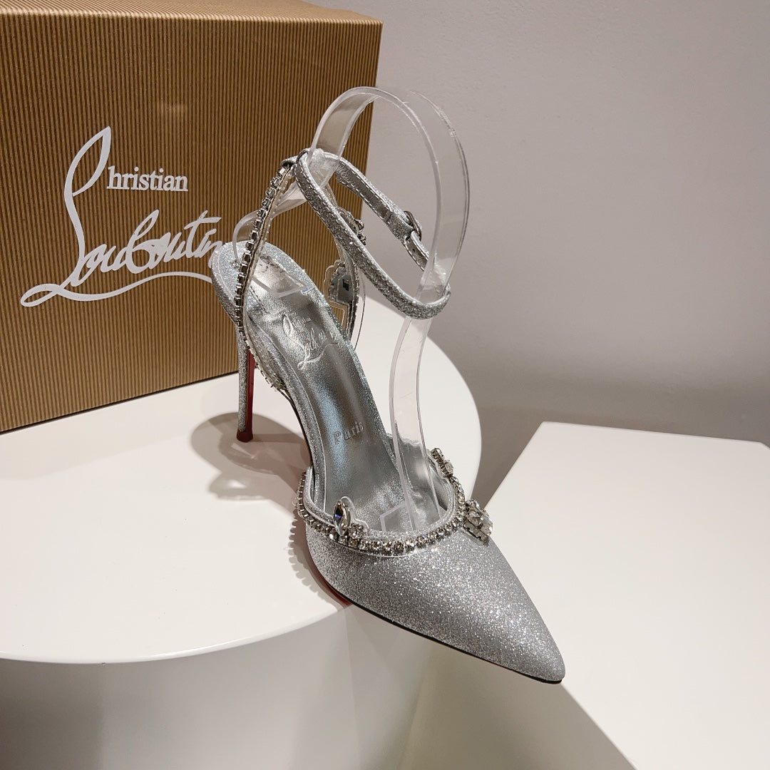 CL Marykate Queen 100MM Pumps Crystal-Embellished Glitter Silver