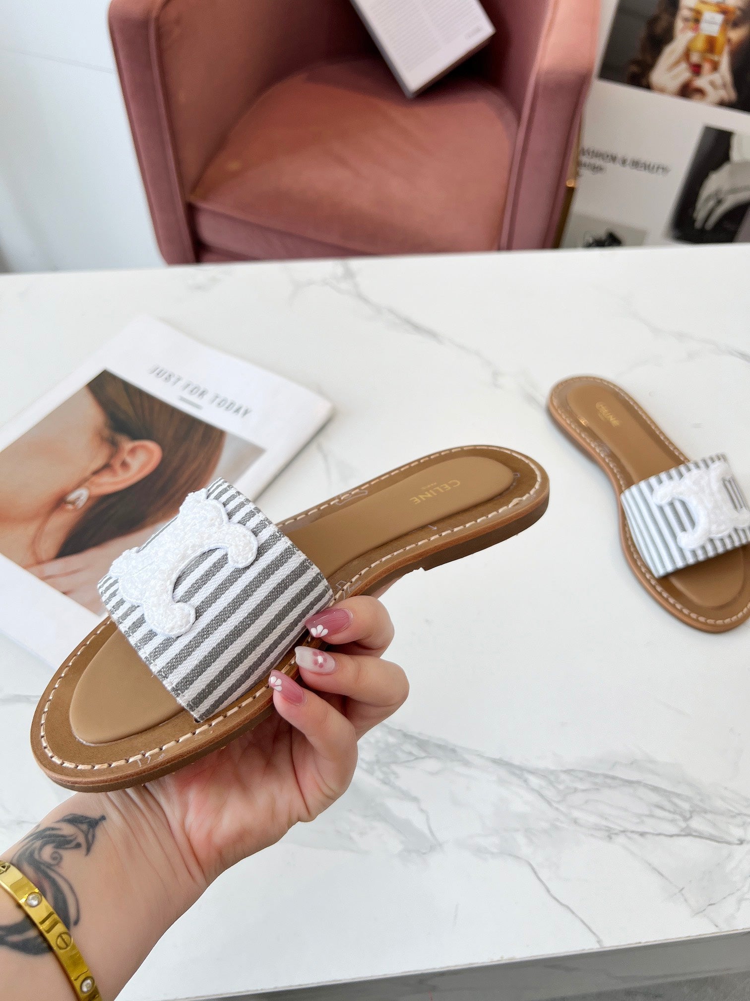 Celine 25C Slippers Gray mix White Fabric with Calfskin 238171