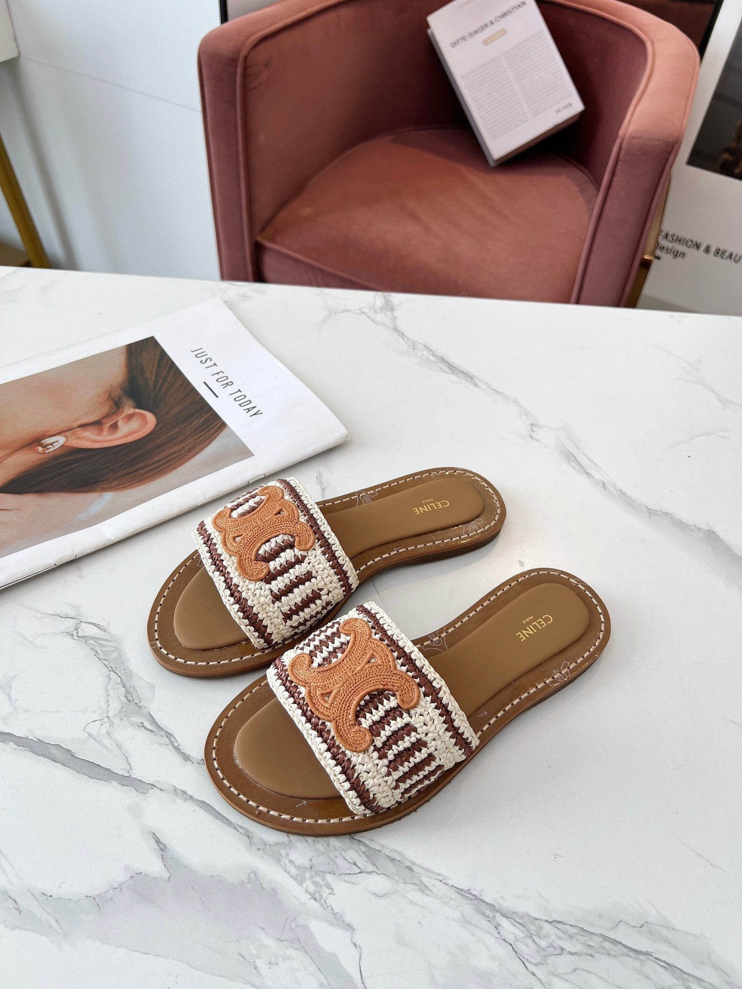Celine 25C Slippers Beige mix Cantaloupe Fabric with Calfskin 238159