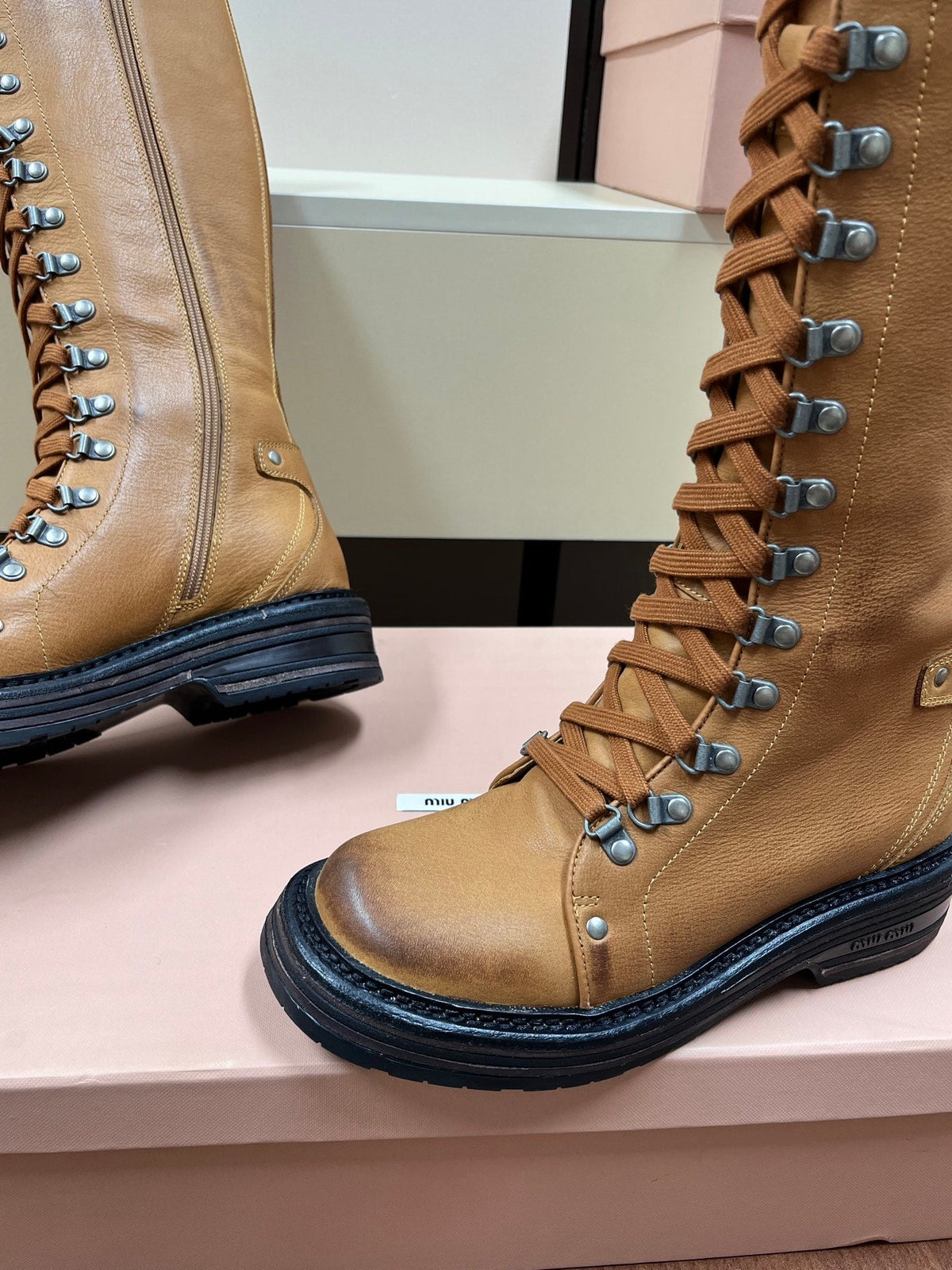 Miu Miu 2026 Lace-Up Boots Tan Leather 157085