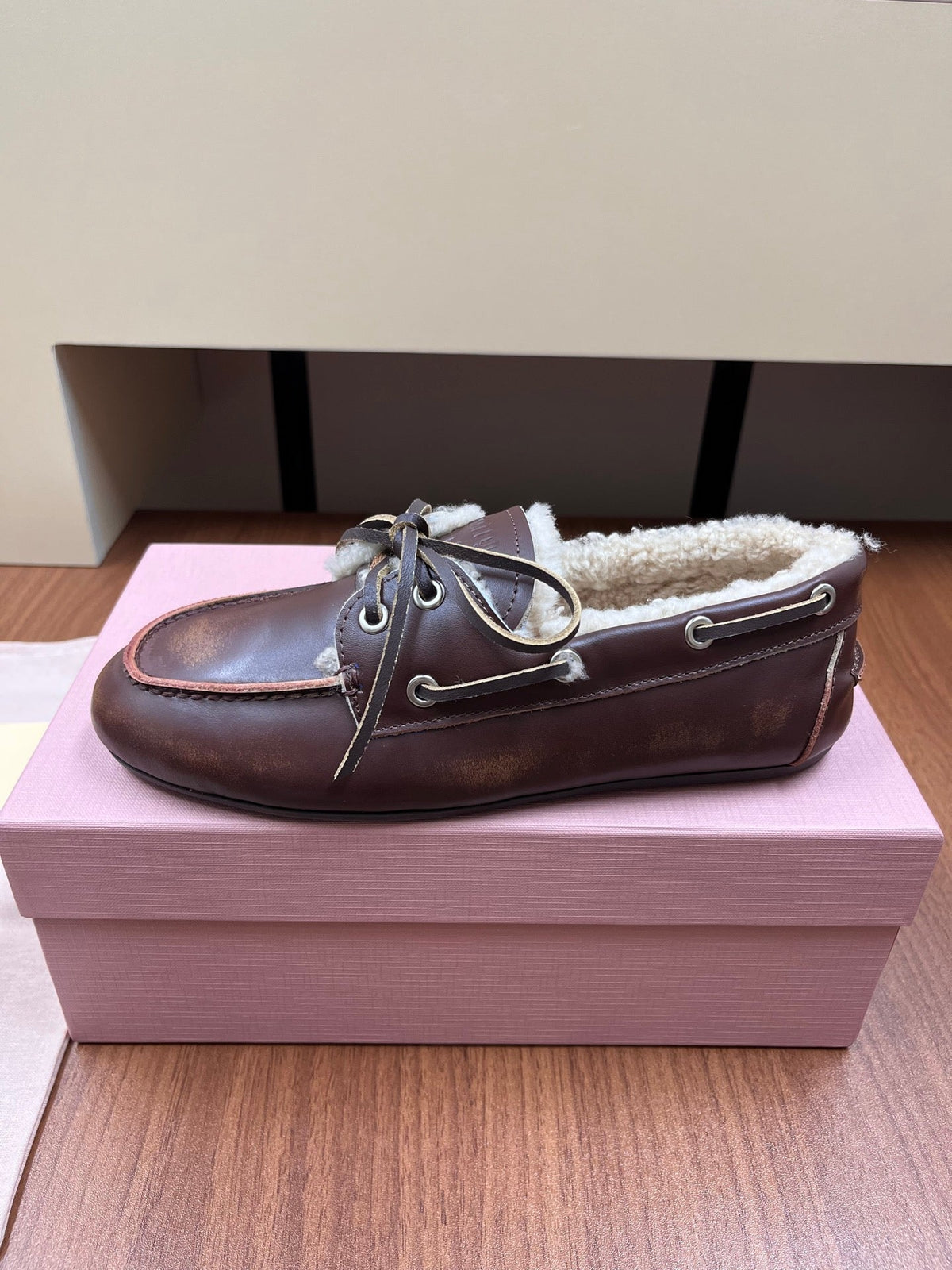 Miu Miu 2026 Boat Loafers Leather Suede Wool 157103