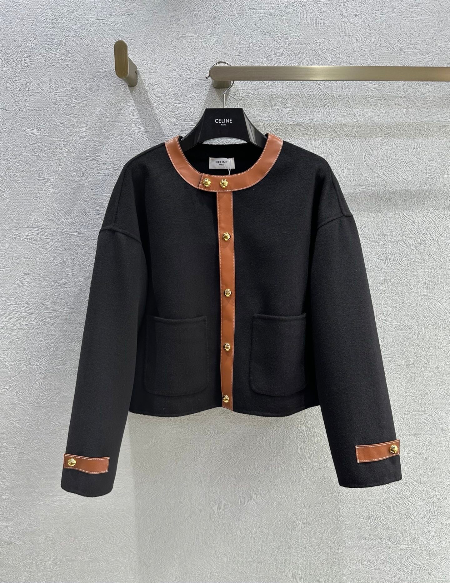Celine 25 Round Neck Arc de Triomphe Jacket Black Brown Cashmere