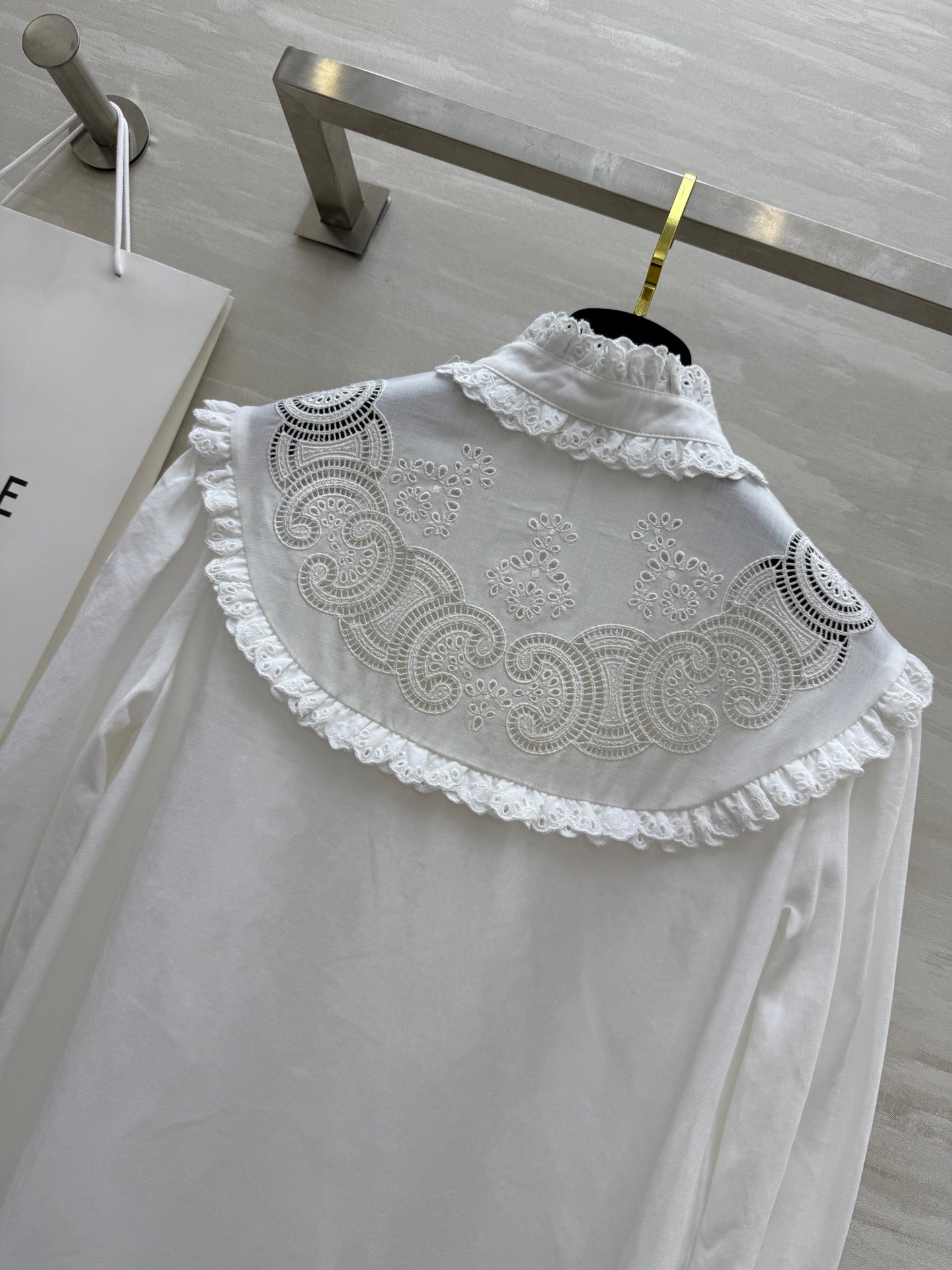 Celine 25 Long sleeve embroidered shirt dress White Cotton