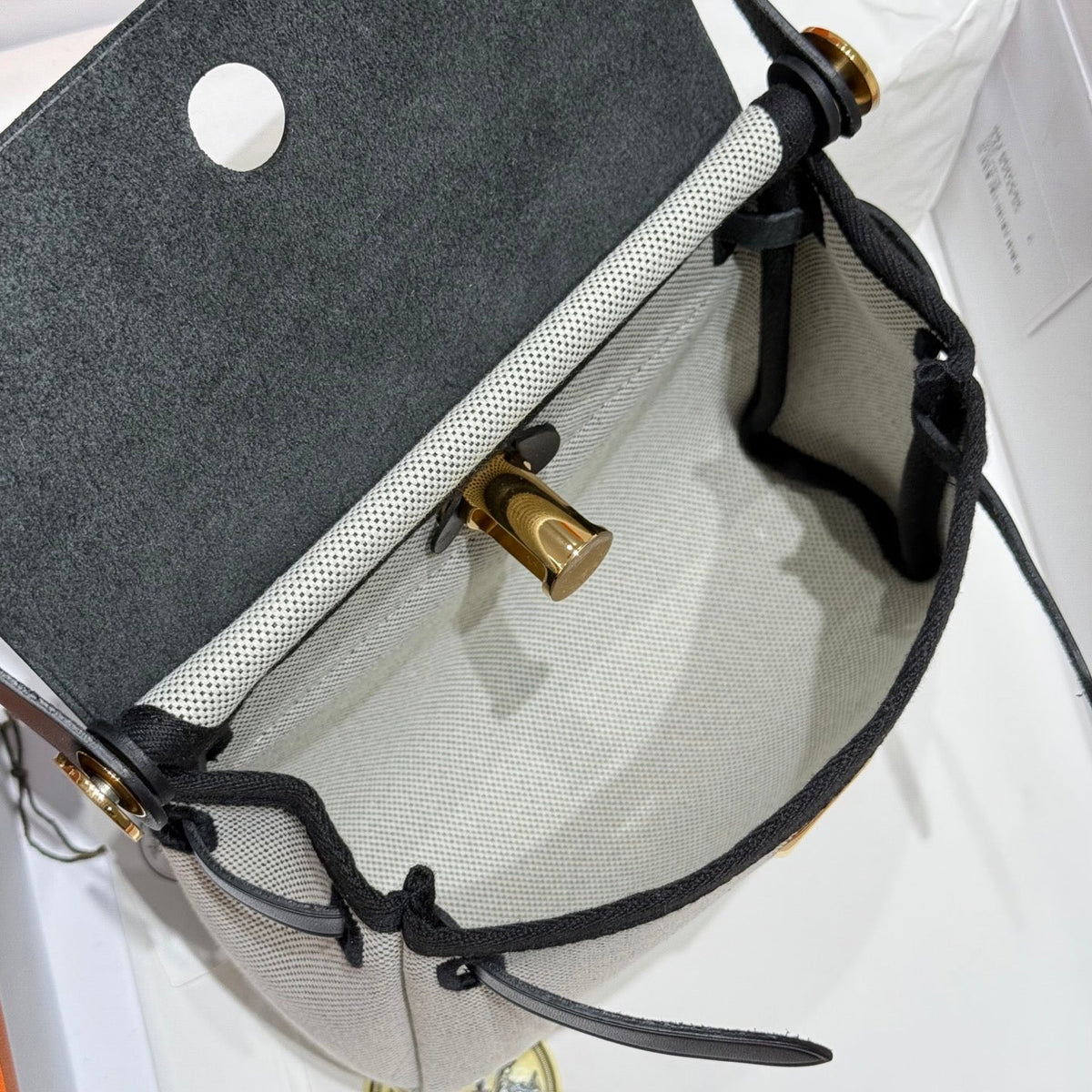 HM Mini Herbag Gold Buckle 20 Ecru White Canvas and Hunter Cowhide 243226