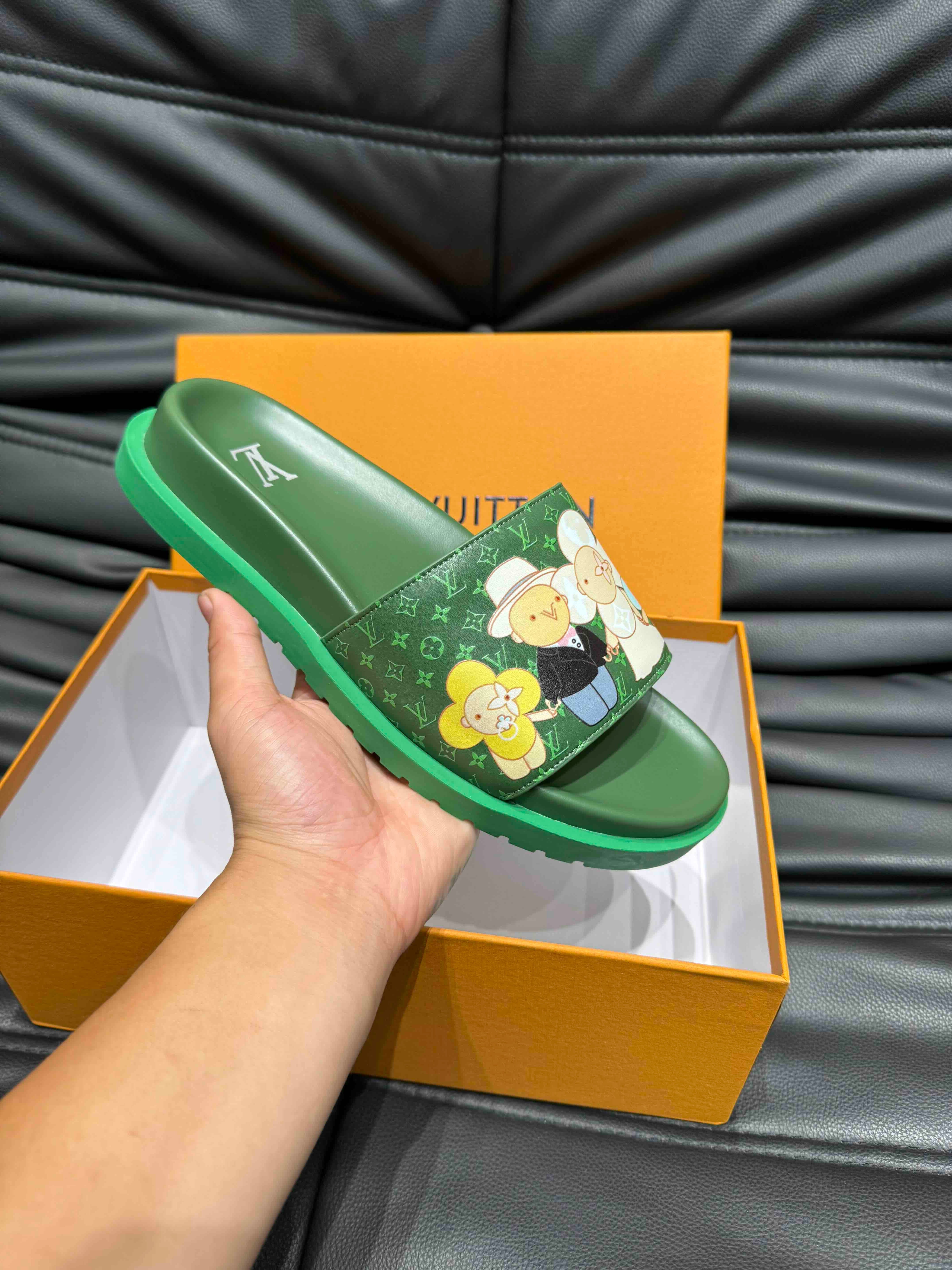 LV SLIPPERS IN SEA GREEN MONOGRAM CALFSKIN