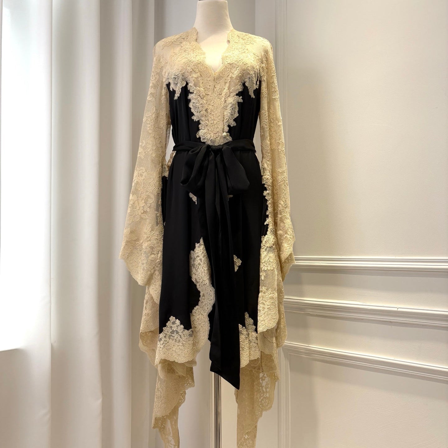 Zimmermann 2025 Hypnotic Satin Wrap Dress Black Cream Lace Silk