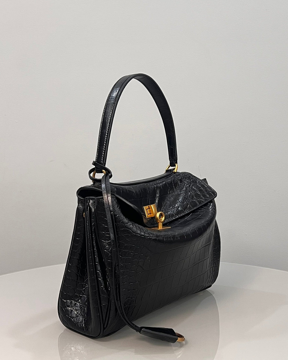 Balenciaga Small Rodeo Crocodile Embossed Bag 29 Black Leather Gold Hardware