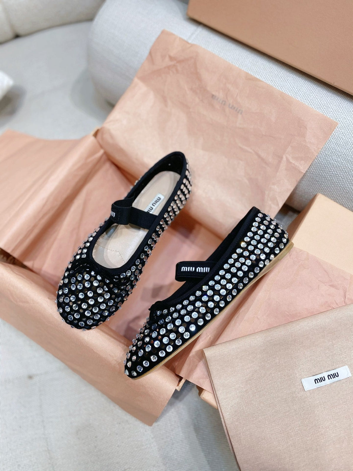 Miu Miu 2026 Crystal-Embellished Fishnet Ballet Flat Black Cowhide 155473