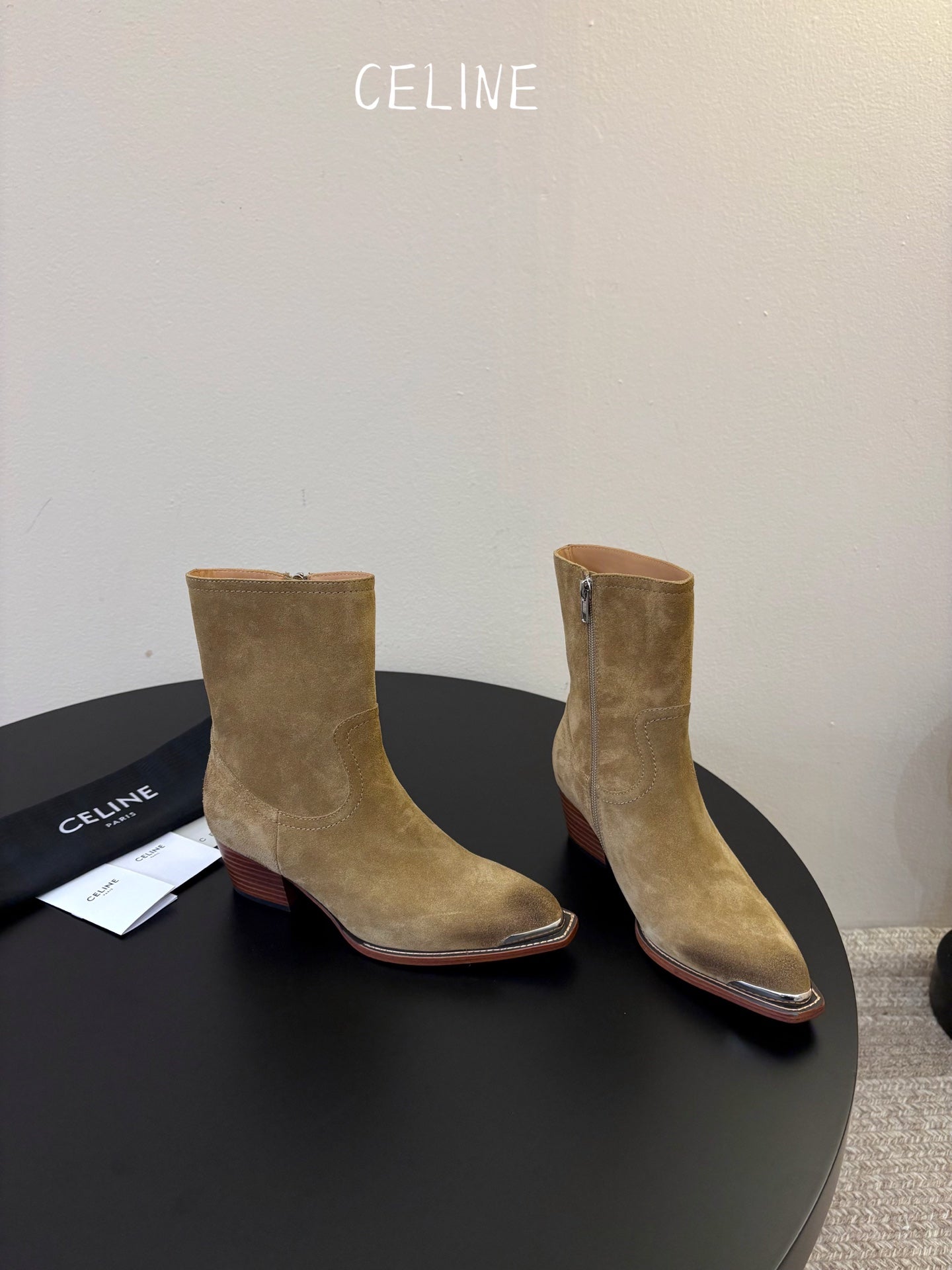 Celine 2026 Western Metallic Toe Ankle Boots 50mm Suede Leather 104866