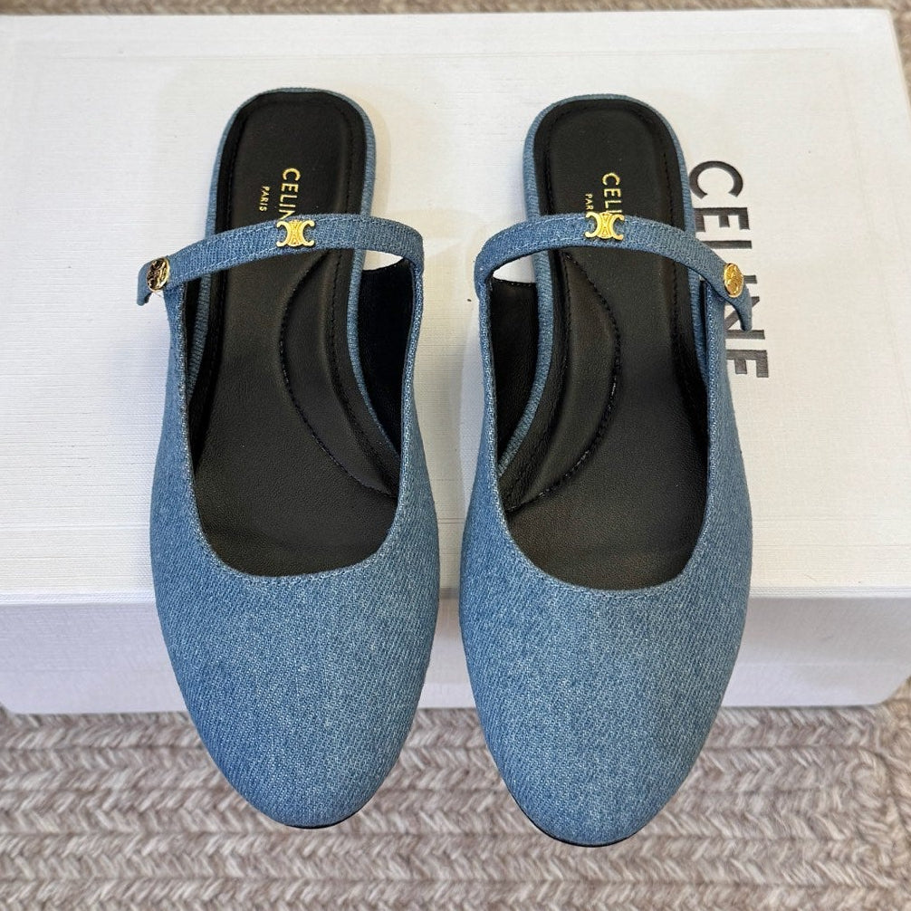 Celine 2026 Arc De Triomphe Flat Mule Calfskin Denim 104875