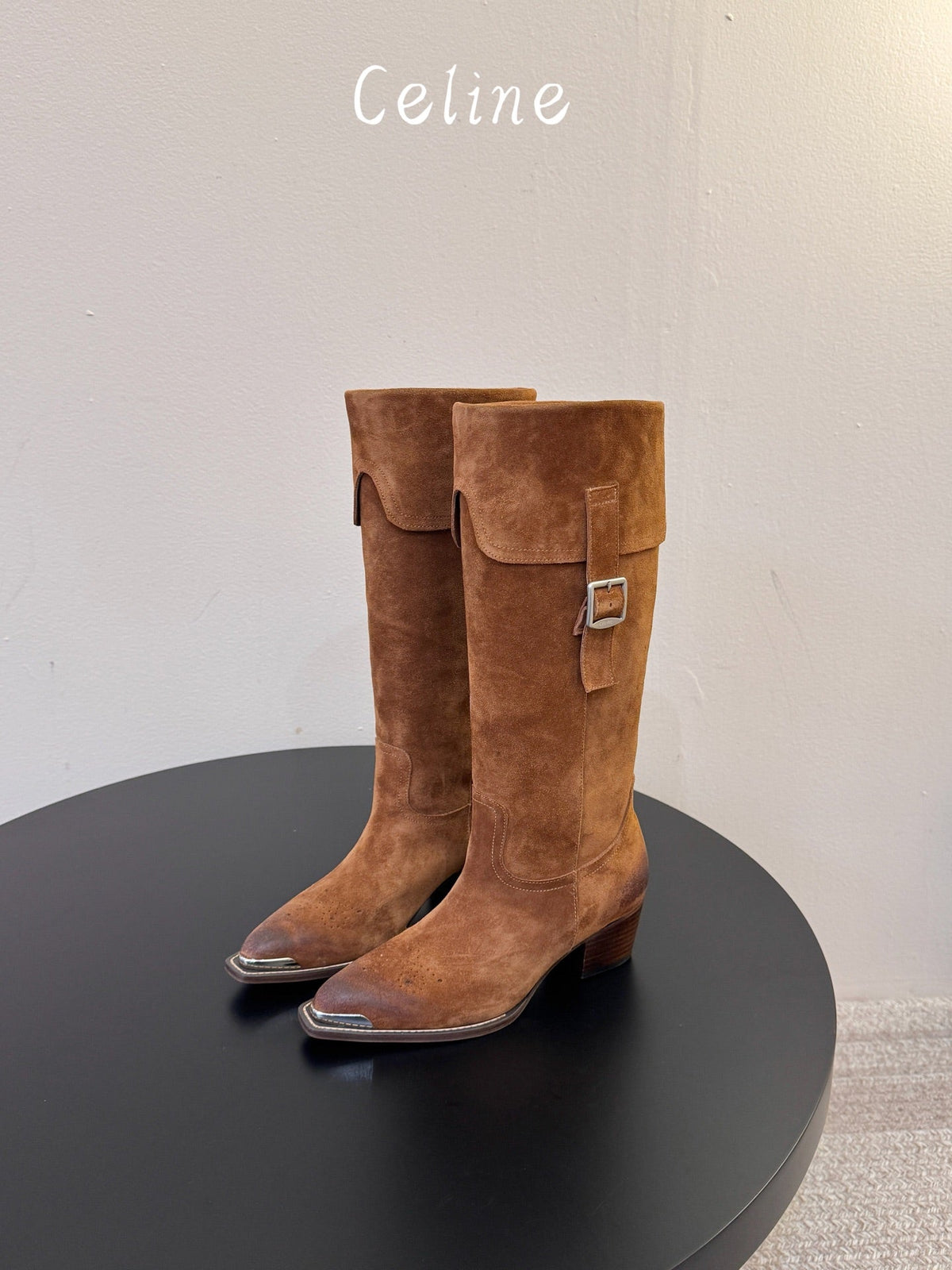 Celine 2026 Buckle Strap Knee-High Boots Cowhide Suede 104476