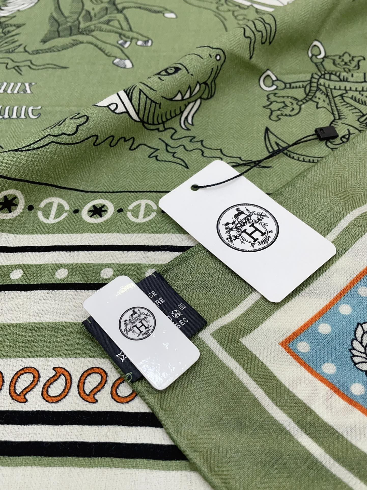 Tatouages Marins Bandana Shawl 135 CM In Green Colorful Cashmere And Silk 252311