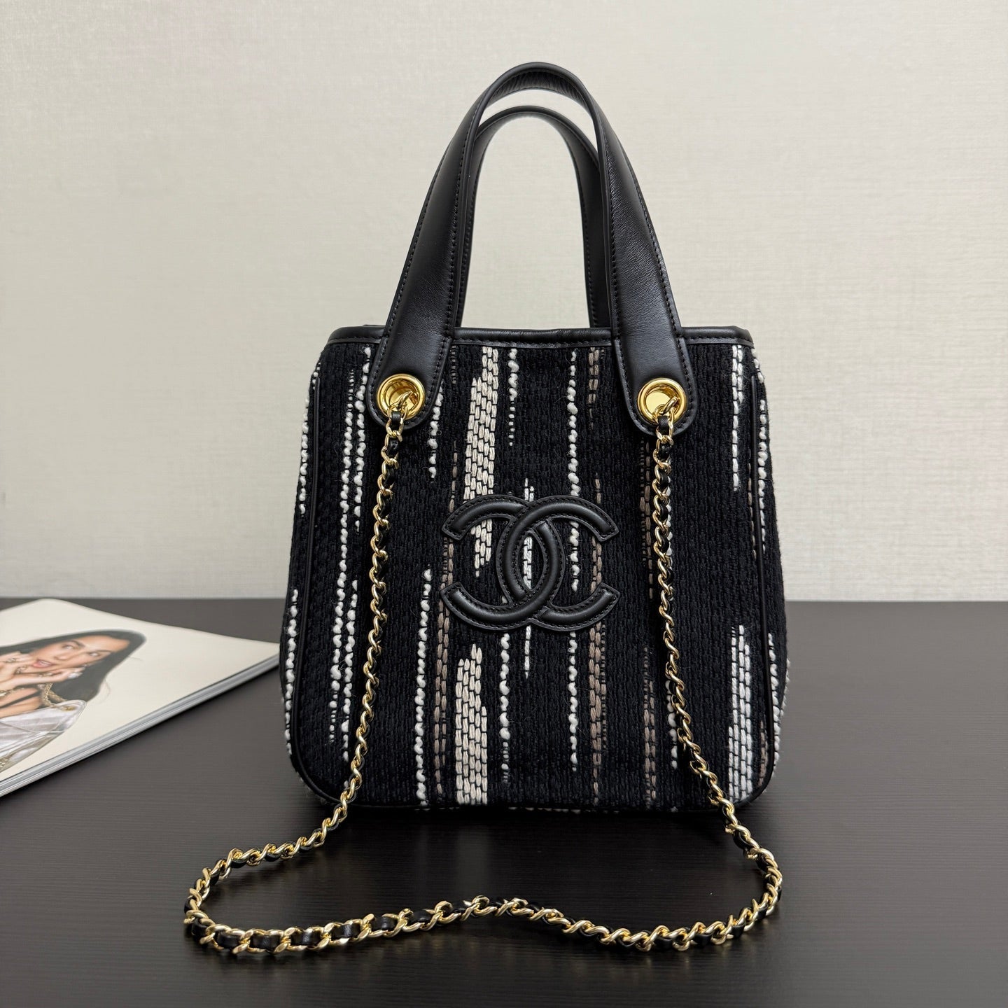 Chanel 2026 Mini Tote Bag 21cm Black Canvas Leather