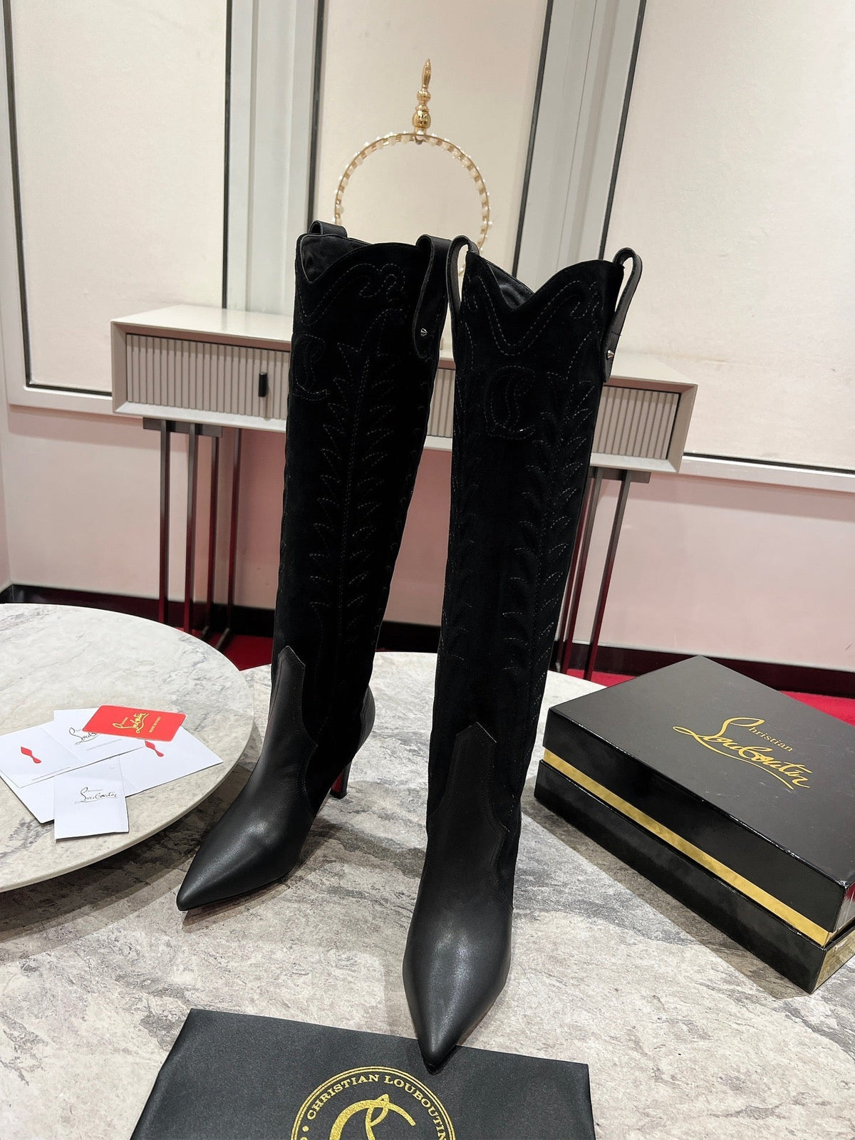 CL Santia Botta 85 mm Leather And Veau Velours Embroidery Black