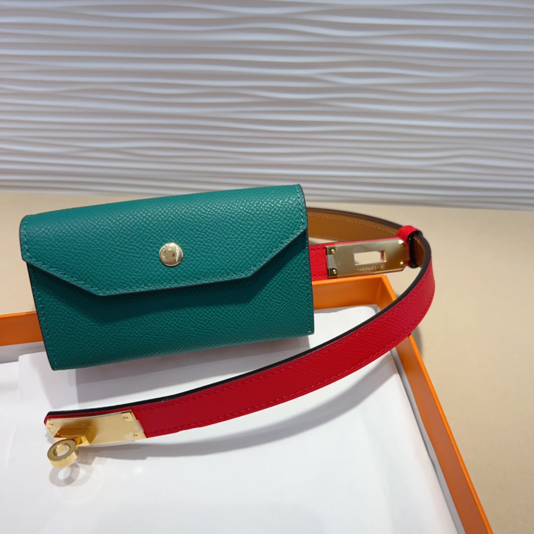 HM KELLY TEAL GREEN POCKET 18MM BELT CHERRY RED LEATHER GOLD HARDWARE