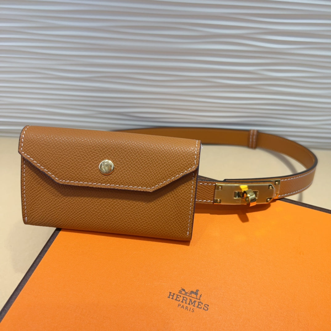HM KELLY POCKET 18MM BELT CINNAMON BROWN LEATHER GOLD HARDWARE